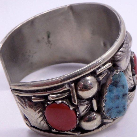 Sterling Silver Navajo Southwestern Turquoise and Coral Cuff Bracelet - Picture 4 of 6